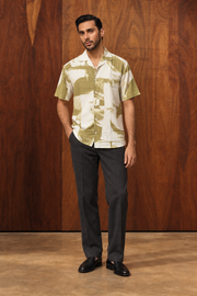 Green Abstract Print Cotton Cuban Collar Short Sleeve Shirt For Men