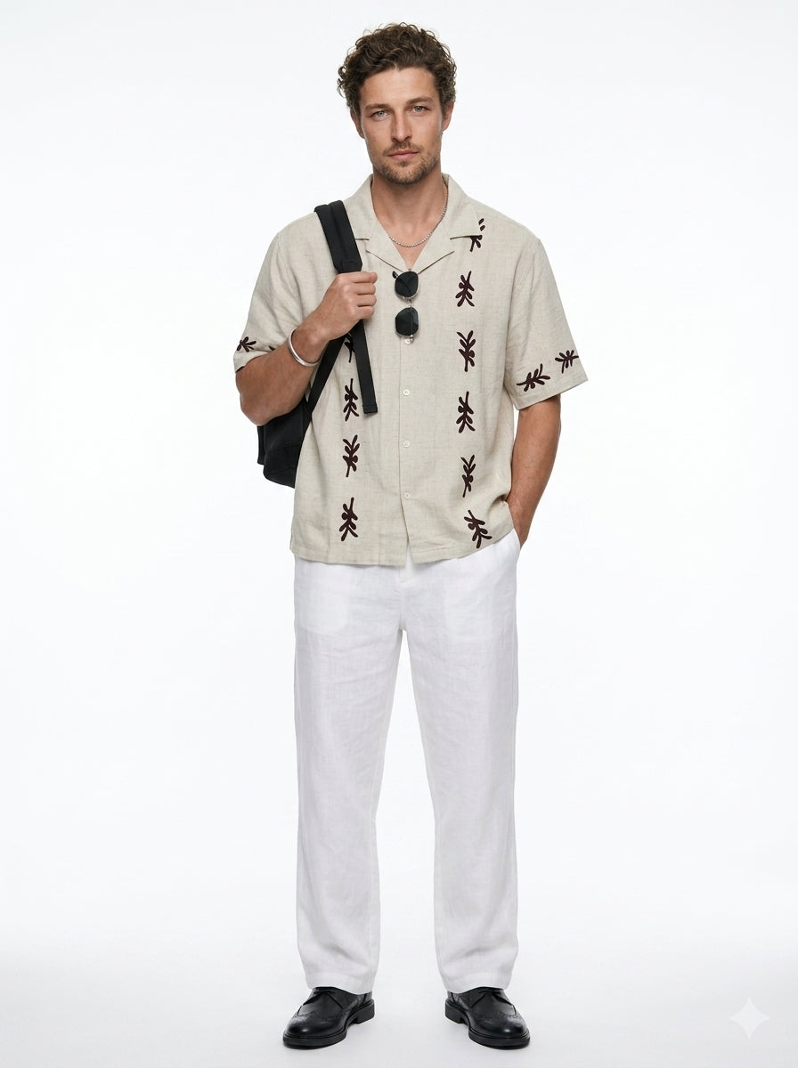 Off White Abstract Block Print Cotton Cuban Collar Oversized Men's Shirt