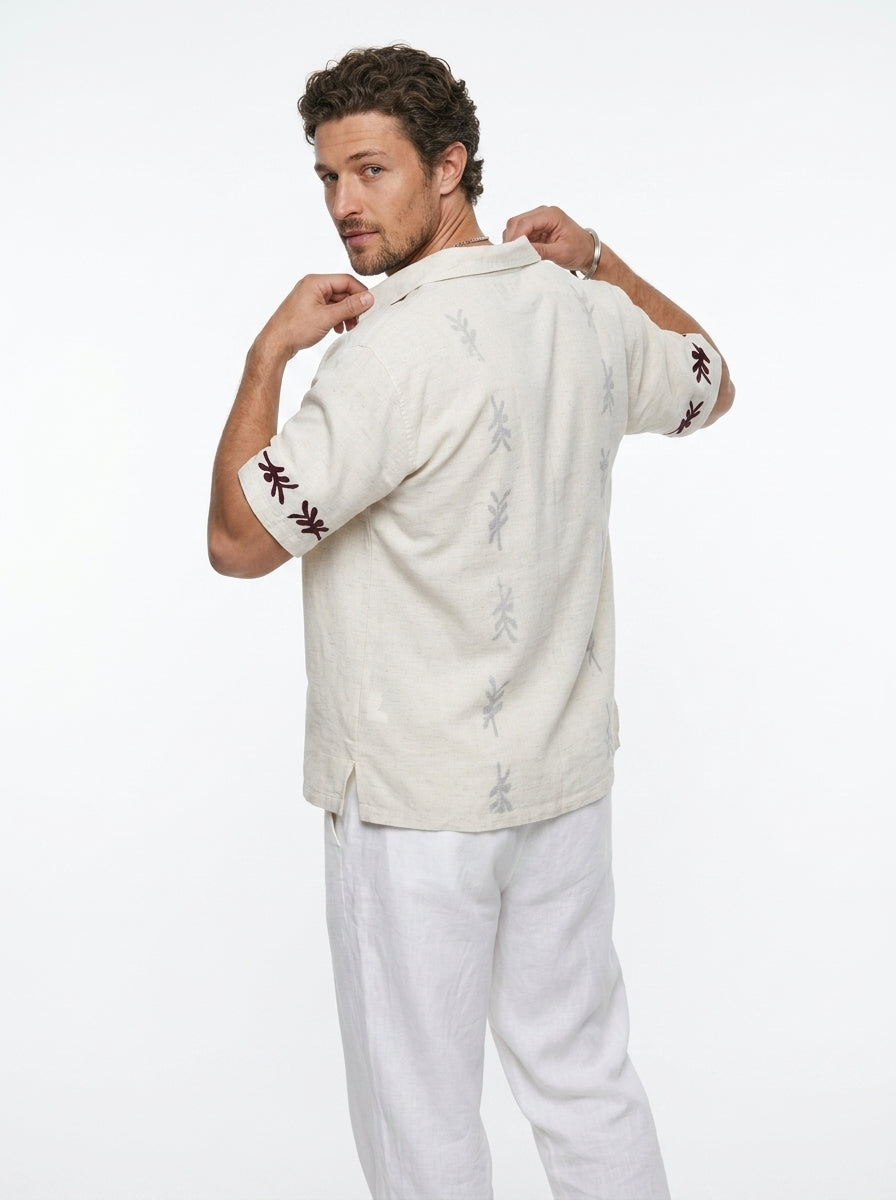 Off White Abstract Block Print Cotton Cuban Collar Oversized Men's Shirt