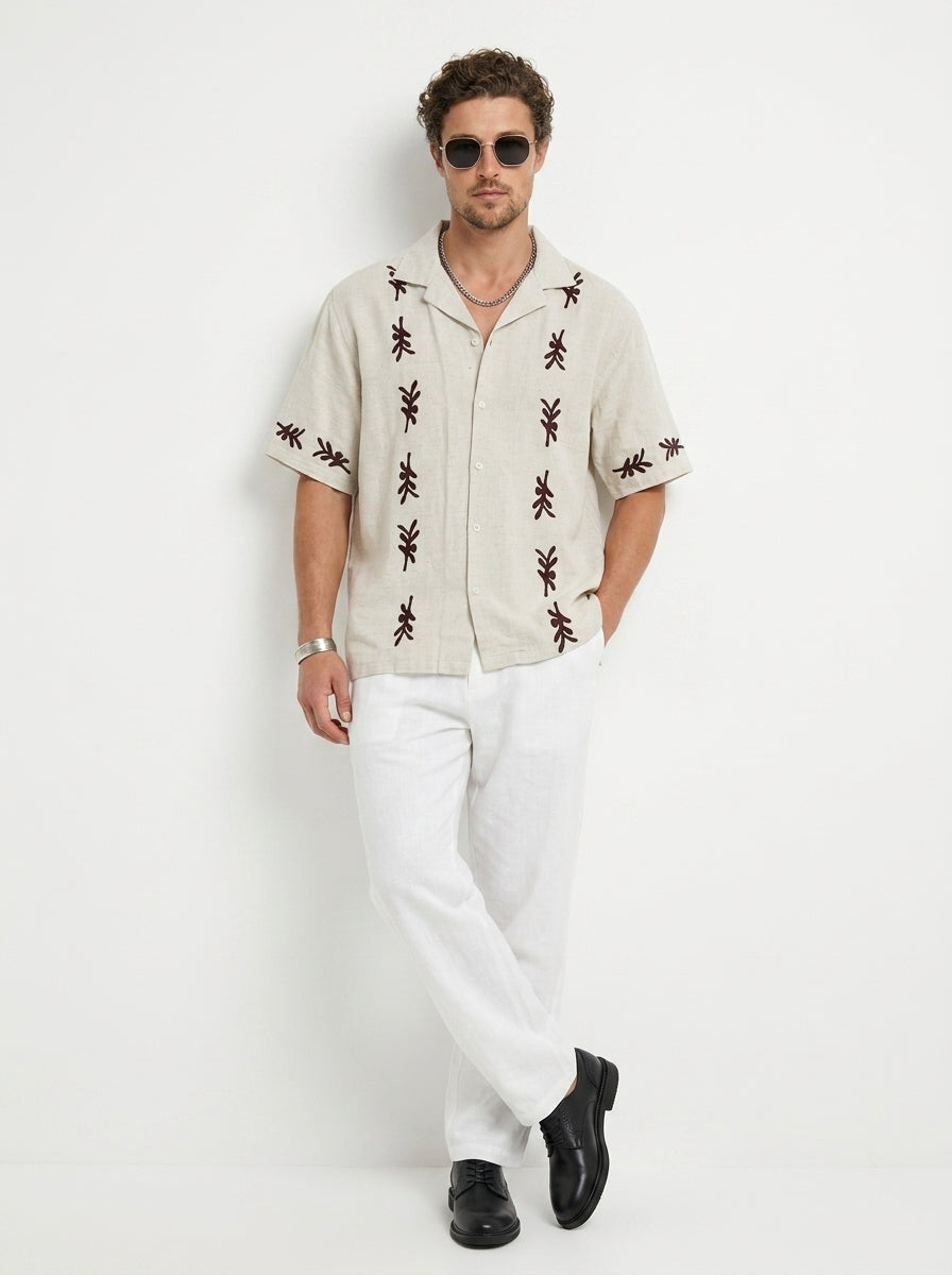 Off White Abstract Block Print Cotton Cuban Collar Oversized Men's Shirt