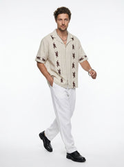 Off White Abstract Block Print Cotton Cuban Collar Oversized Men's Shirt
