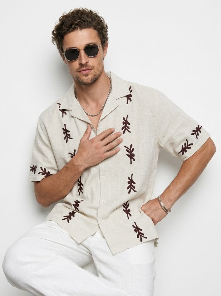 Off White Abstract Block Print Cotton Cuban Collar Oversized Men's Shirt