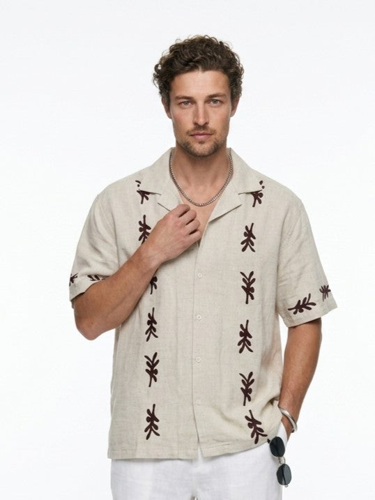 Off White Abstract Block Print Cotton Cuban Collar Oversized Men's Shirt