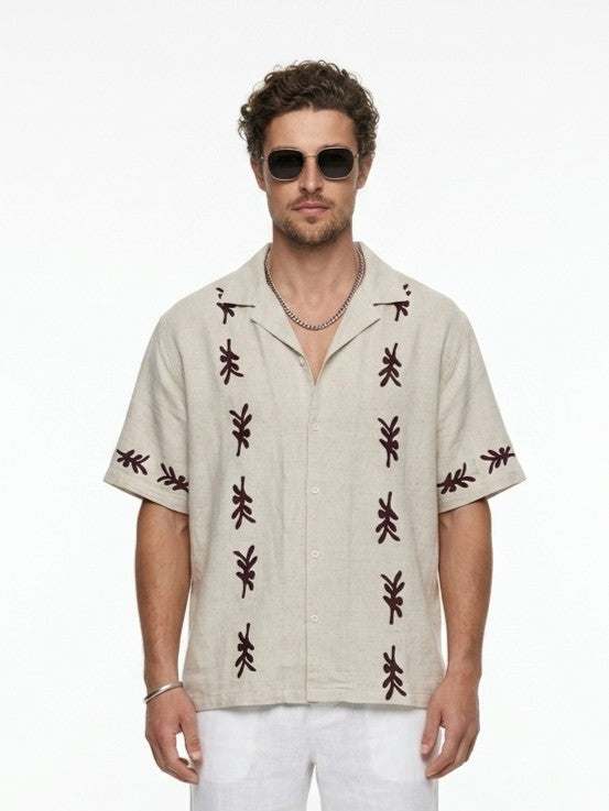 Off White Abstract Block Print Cotton Cuban Collar Oversized Men's Shirt