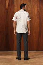 White & Black Floral Line Art Cotton Cuban Collar Short Sleeve Shirt