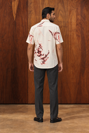White & Red Abstract Printed Cotton Cuban Collar Short Sleeve Shirt