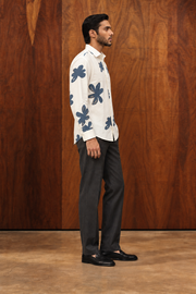 Off White Conversational Print Cotton Spread Collar Long Sleeve Shirt For Men