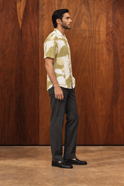 Green Abstract Print Cotton Cuban Collar Short Sleeve Shirt For Men
