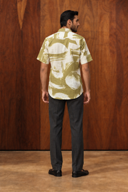 Green Abstract Print Cotton Cuban Collar Short Sleeve Shirt For Men