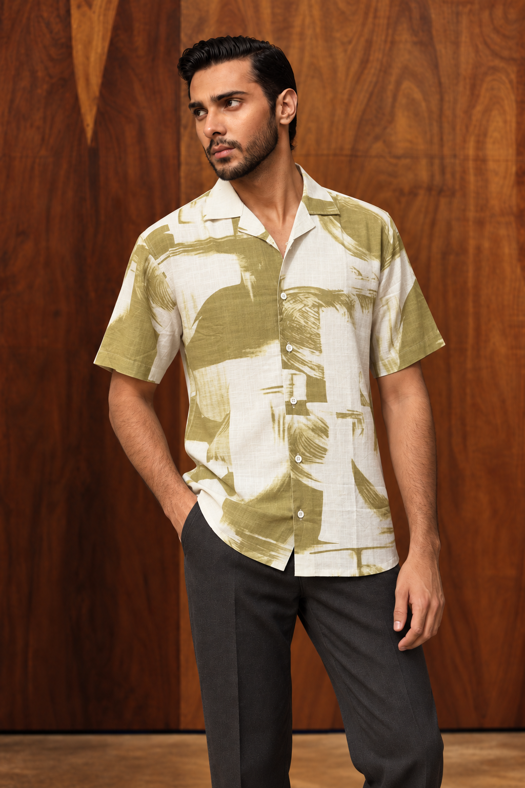Green Abstract Print Cotton Cuban Collar Short Sleeve Shirt For Men