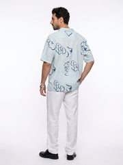 Blue Floral Cuban Collar Pure Cotton Oversized Men's Shirt