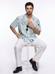 Blue Floral Cuban Collar Pure Cotton Oversized Men's Shirt
