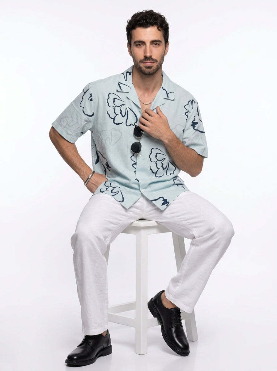 Blue Floral Cuban Collar Pure Cotton Oversized Men's Shirt