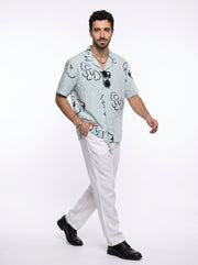 Blue Floral Cuban Collar Pure Cotton Oversized Men's Shirt