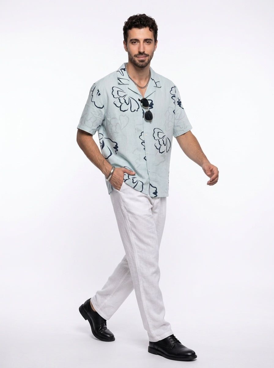Blue Floral Cuban Collar Pure Cotton Oversized Men's Shirt