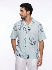 Blue Floral Cuban Collar Pure Cotton Oversized Men's Shirt