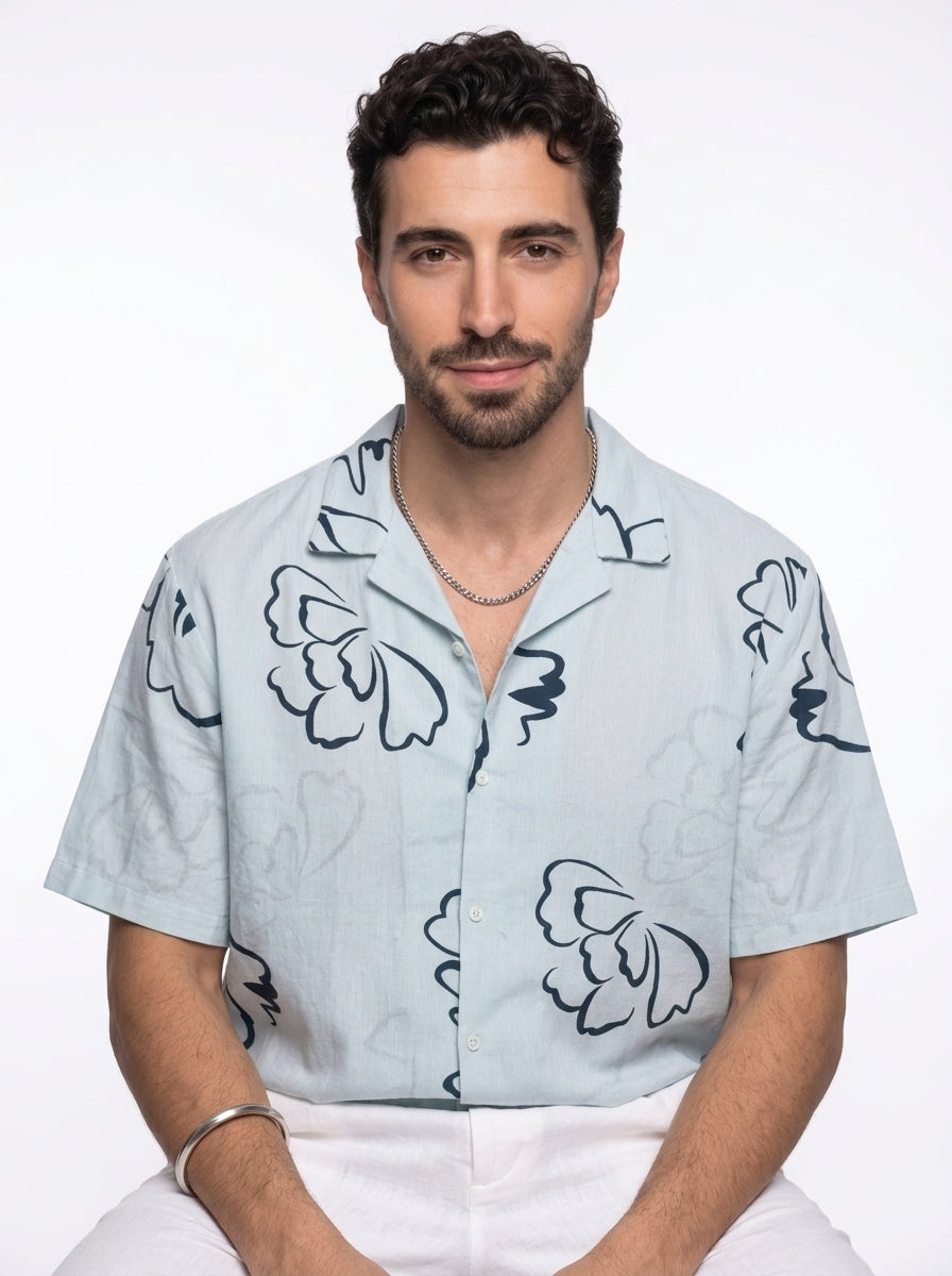 Blue Floral Cuban Collar Pure Cotton Oversized Men's Shirt