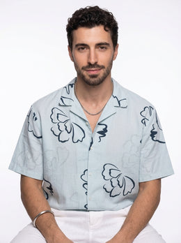 Blue Floral Cuban Collar Pure Cotton Oversized Men's Shirt