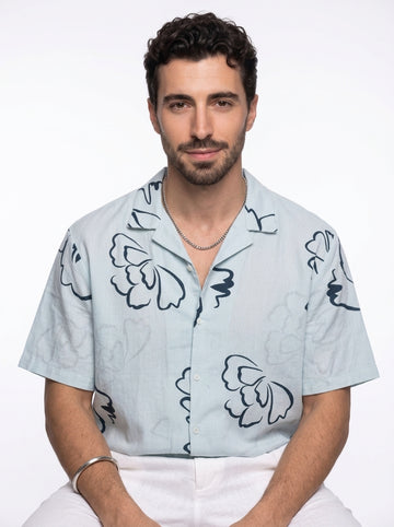 Blue Floral Cuban Collar Pure Cotton Oversized Men's Shirt