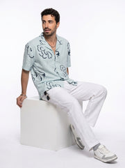 Blue Floral Cuban Collar Pure Cotton Oversized Men's Shirt