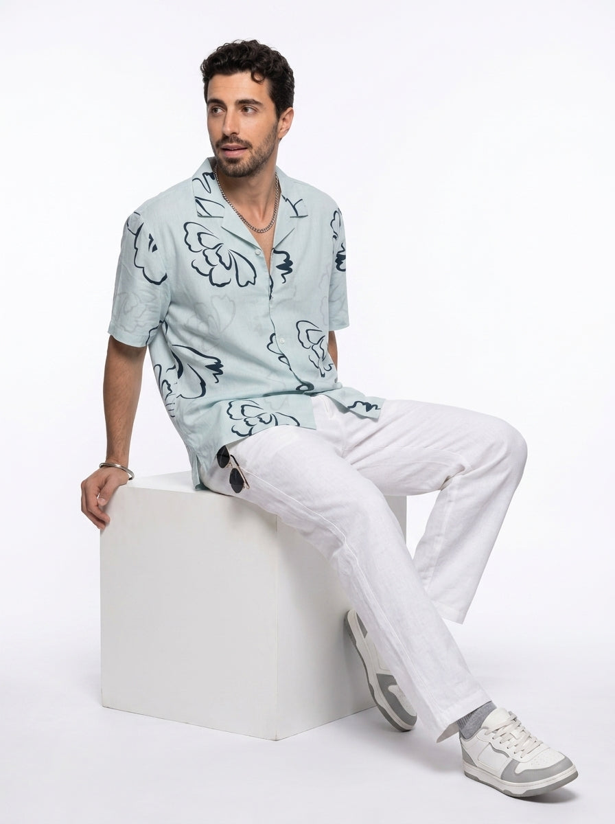 Blue Floral Cuban Collar Pure Cotton Oversized Men's Shirt
