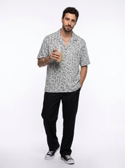 Off White Cuban Collar Animal Print Cotton Oversized Men's Shirt