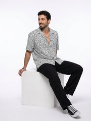 Off White Cuban Collar Animal Print Cotton Oversized Men's Shirt