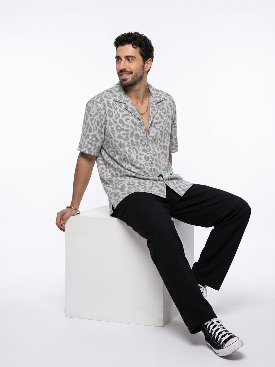 Off White Cuban Collar Animal Print Cotton Oversized Men's Shirt