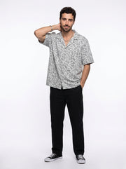 Off White Cuban Collar Animal Print Cotton Oversized Men's Shirt