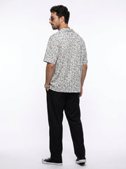 Off White Cuban Collar Animal Print Cotton Oversized Men's Shirt