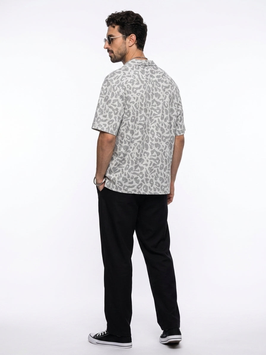 Off White Cuban Collar Animal Print Cotton Oversized Men's Shirt