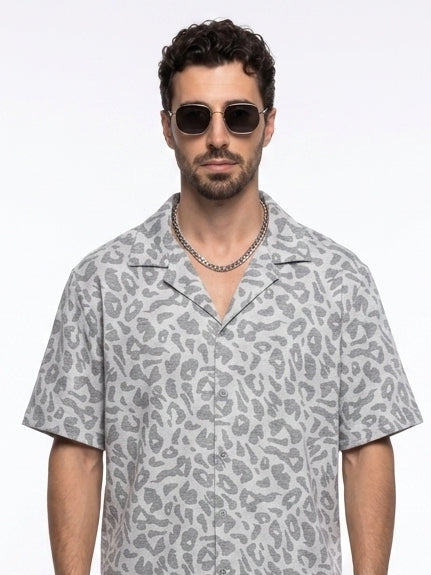 Off White Cuban Collar Animal Print Cotton Oversized Men's Shirt