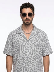 Off White Cuban Collar Animal Print Cotton Oversized Men's Shirt