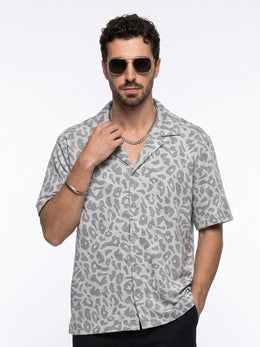 Off White Cuban Collar Animal Print Cotton Oversized Men's Shirt