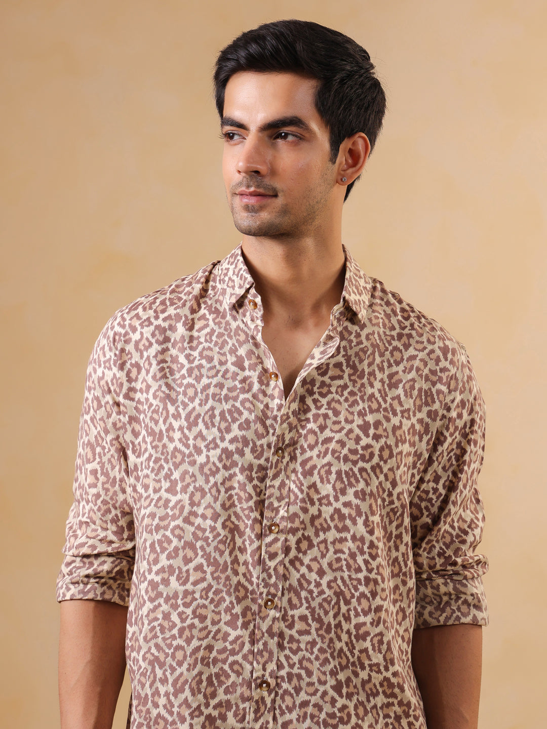 Brown Animal Print Band Collar Long Sleeve Cotton Men's Shirt