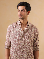 Brown Animal Print Cuban Collar Cotton Men's Shirt