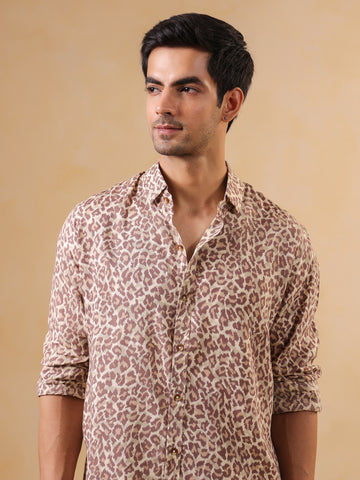 Brown Animal Print Band Collar Long Sleeve Cotton Men's Shirt