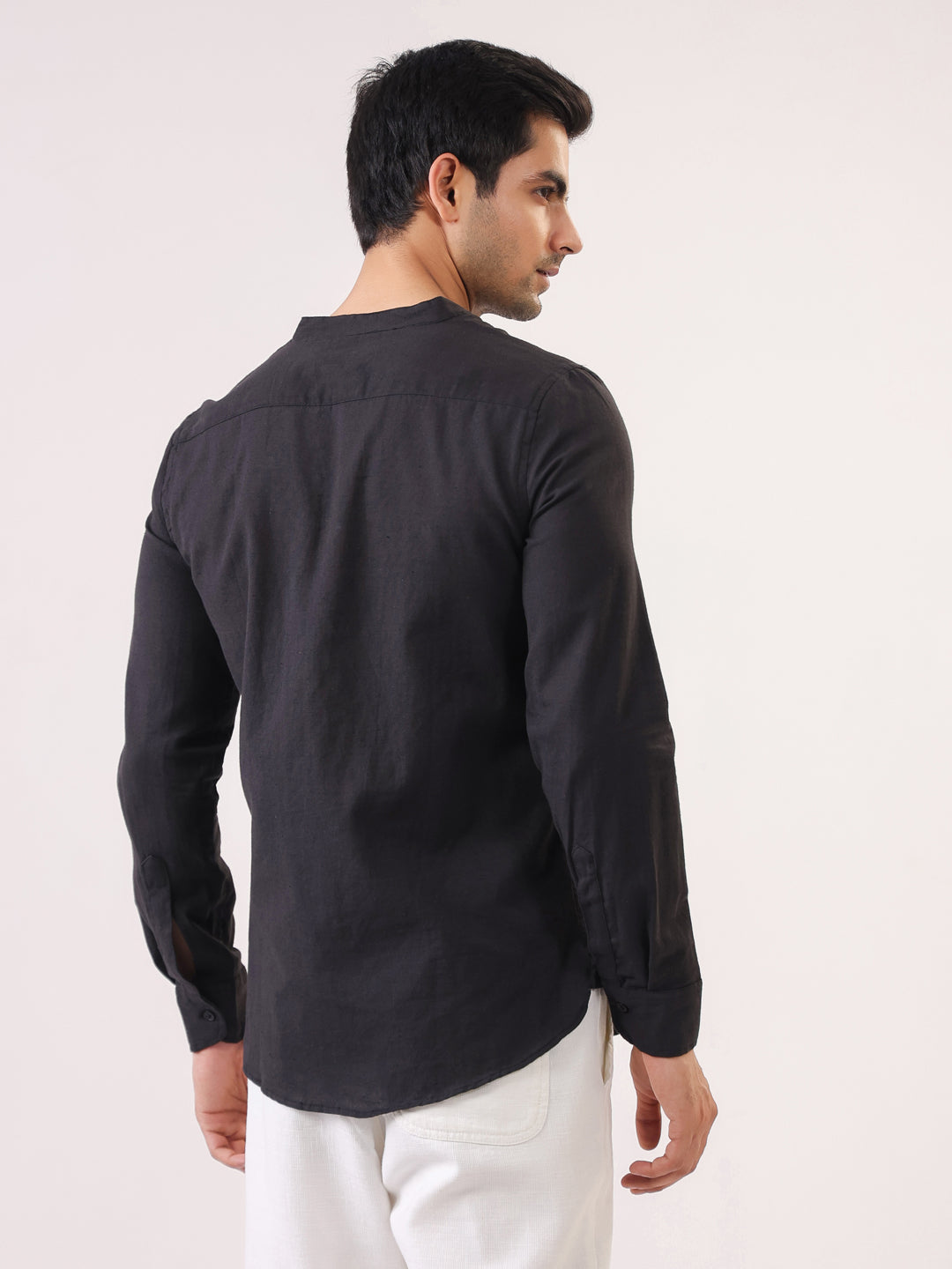 Black Mandarin Collar Full Sleeve Solid Pure Cotton Men's Shirt