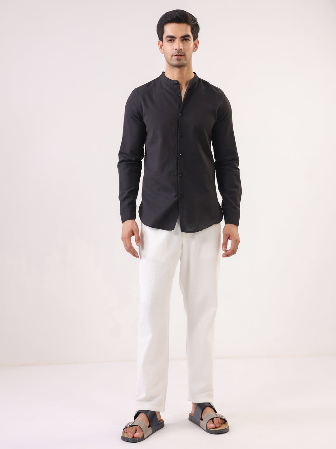 Black Mandarin Collar Full Sleeve Solid Pure Cotton Men's Shirt