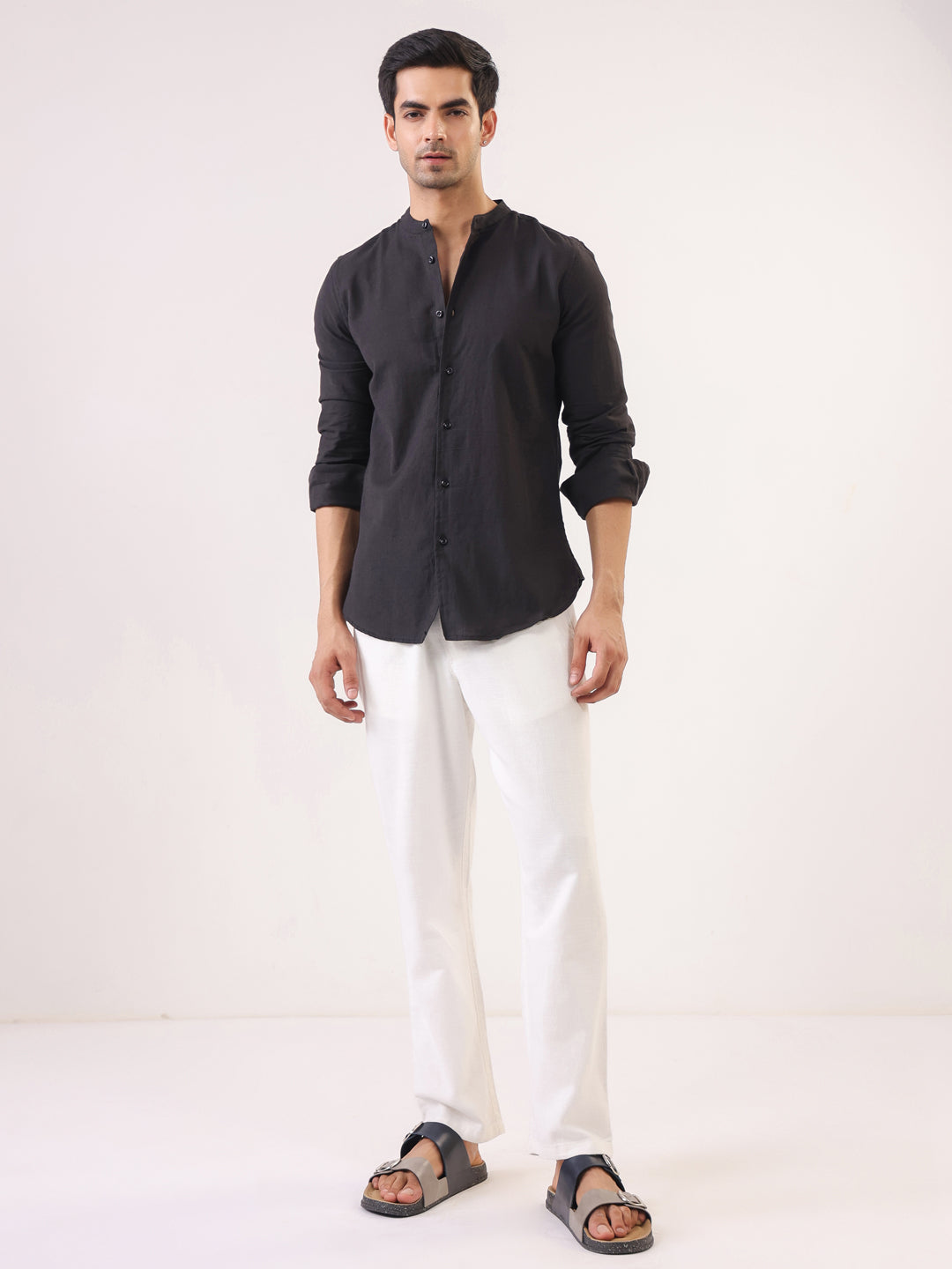 Black Mandarin Collar Full Sleeve Solid Pure Cotton Men's Shirt