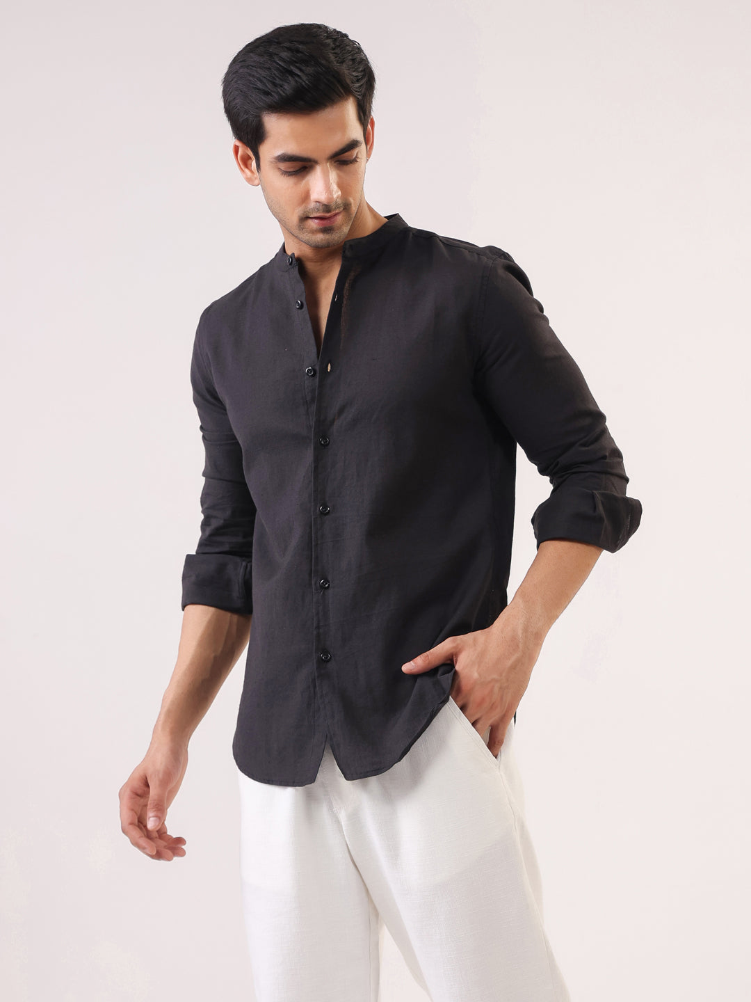 Black Mandarin Collar Full Sleeve Solid Pure Cotton Men's Shirt