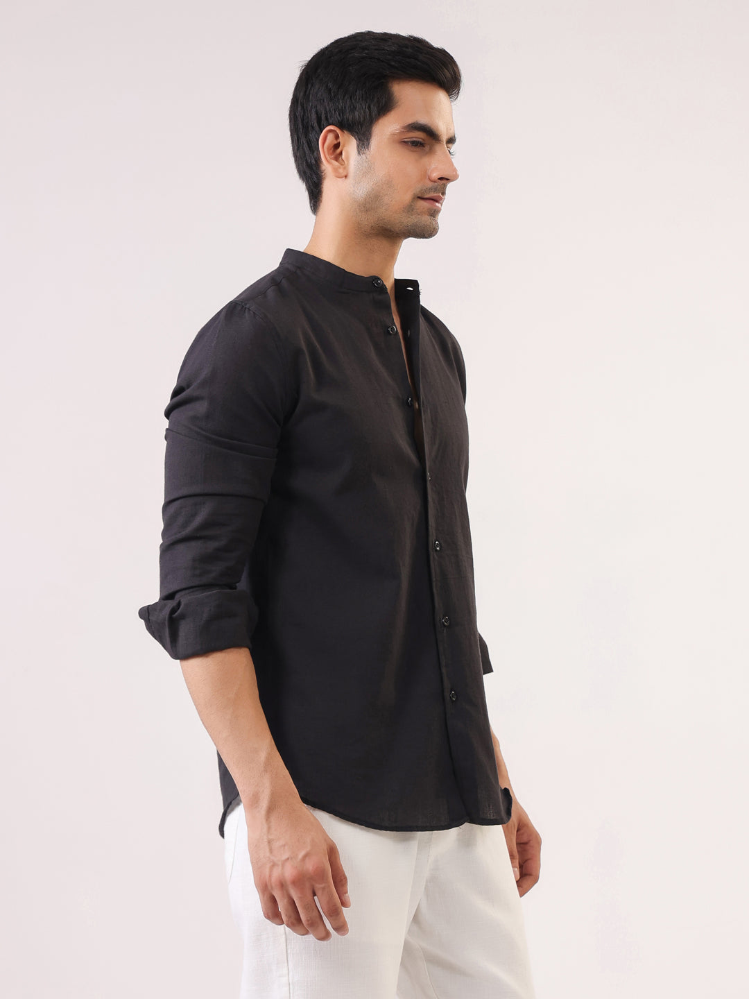 Black Mandarin Collar Full Sleeve Solid Pure Cotton Men's Shirt