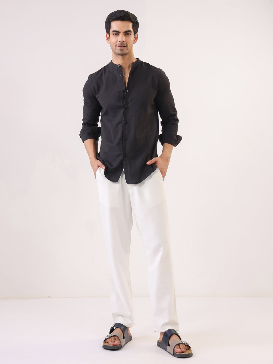 Black Mandarin Collar Full Sleeve Solid Pure Cotton Men's Shirt
