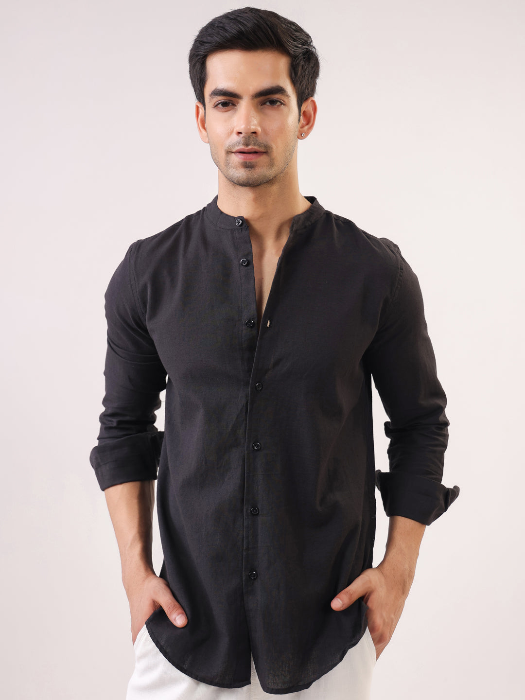 Black Mandarin Collar Full Sleeve Solid Pure Cotton Men's Shirt
