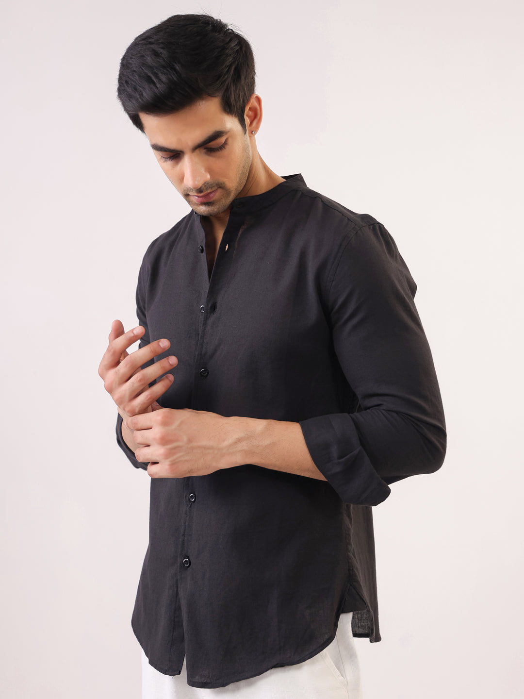 Black Mandarin Collar Full Sleeve Solid Pure Cotton Men's Shirt