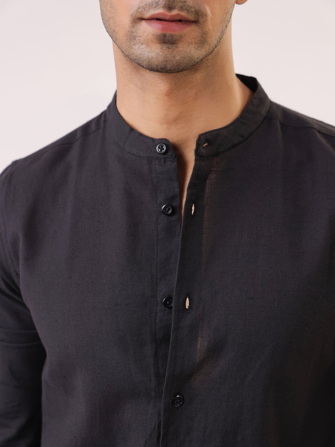 Black Mandarin Collar Full Sleeve Solid Pure Cotton Men's Shirt