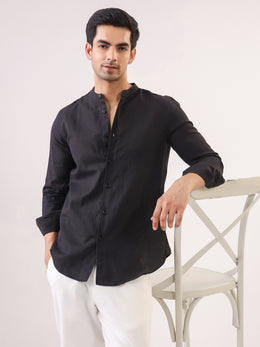 Black Mandarin Collar Full Sleeve Solid Pure Cotton Men's Shirt
