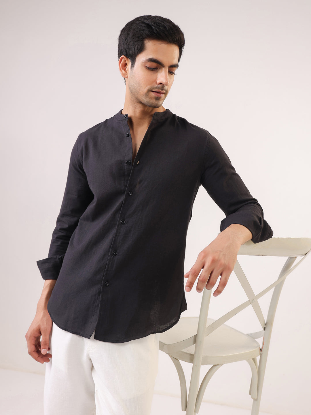 Black Mandarin Collar Full Sleeve Solid Pure Cotton Men's Shirt