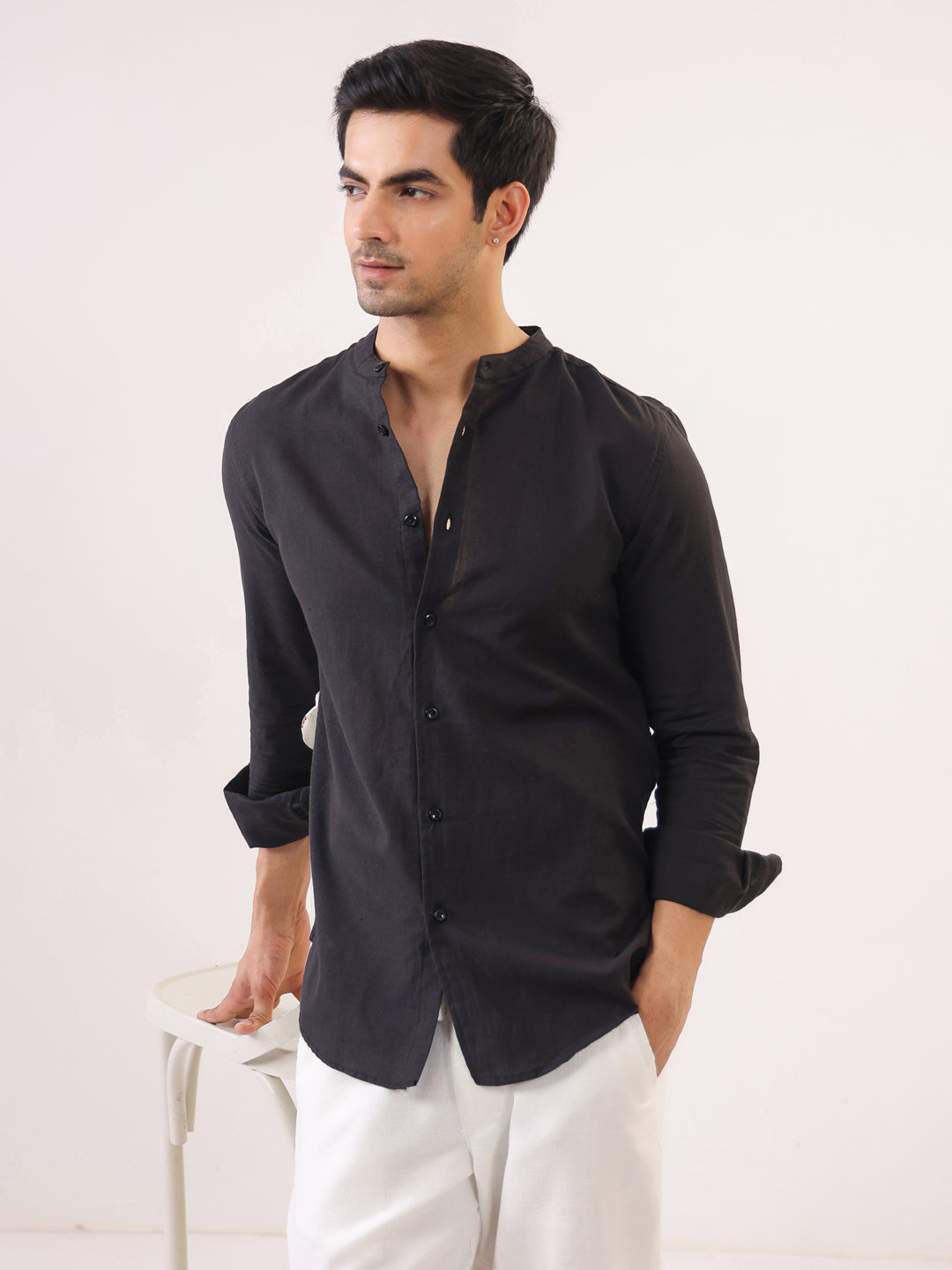 Black Mandarin Collar Full Sleeve Solid Pure Cotton Men's Shirt