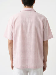 Pink Cuban Collar Short Sleeves Checked Cotton Oversized Men's Shirt